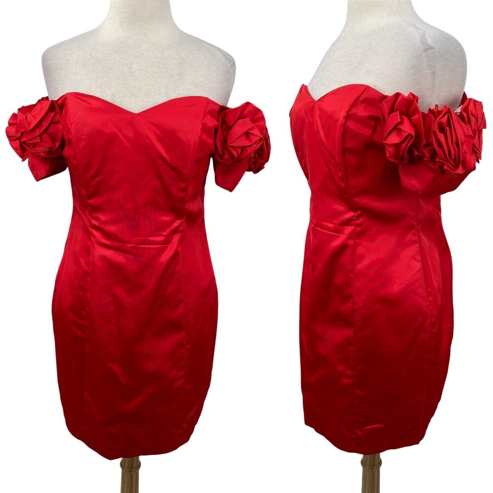 Vintage 80s Off Shoulder Puff Sleeve Mini Dress Rosettes Sweetheart Taffeta Red